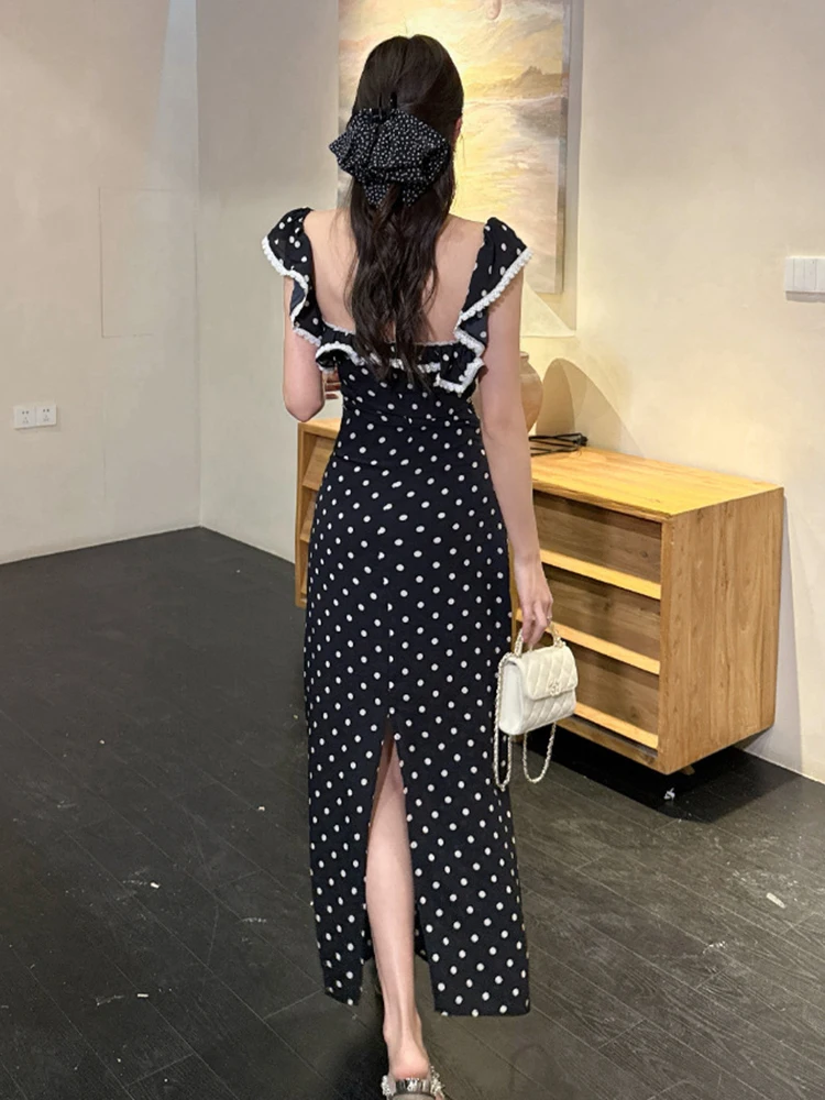 Frauen Kleidung Retro Dot Print Sexy Sling Square Neck Schlank Maxi Lange Kleid Elegante Dame Mode Party Prom Vestidos Robe Koreanische