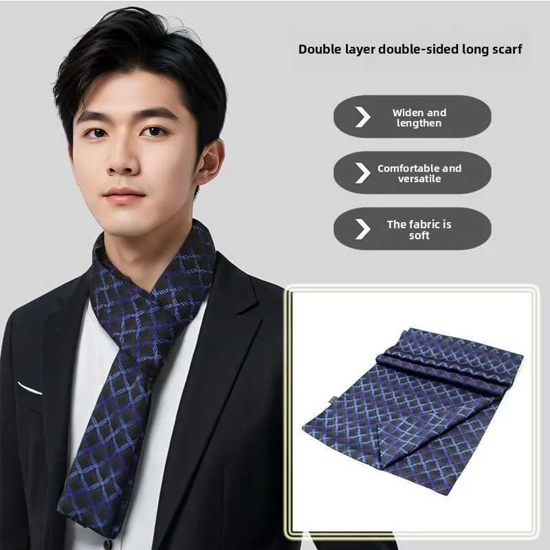 

New Light Luxury Silk Scarf Long Narrow Men's Silk Scarf Business British Neck Protection Extended Widened Decorative Scarf
