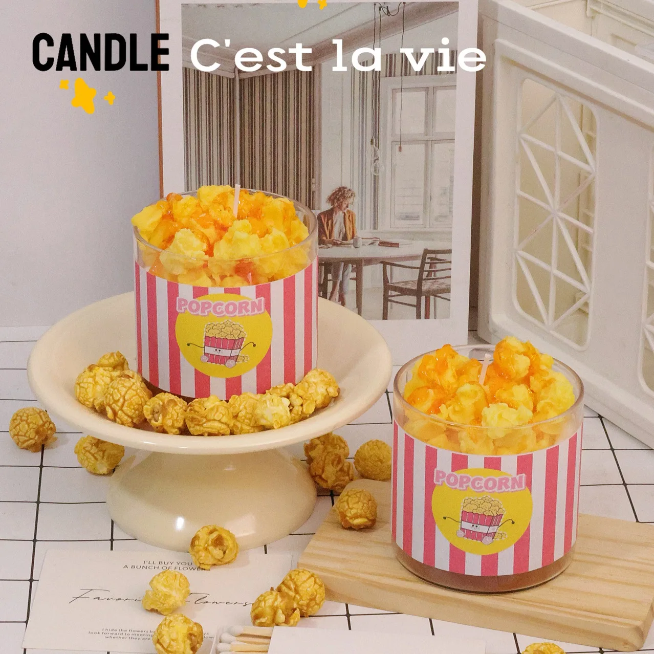 Simulated popcorn scented candles. Holiday and birthday gifts.  8x8cm glass candle, can burn for 80 hours
