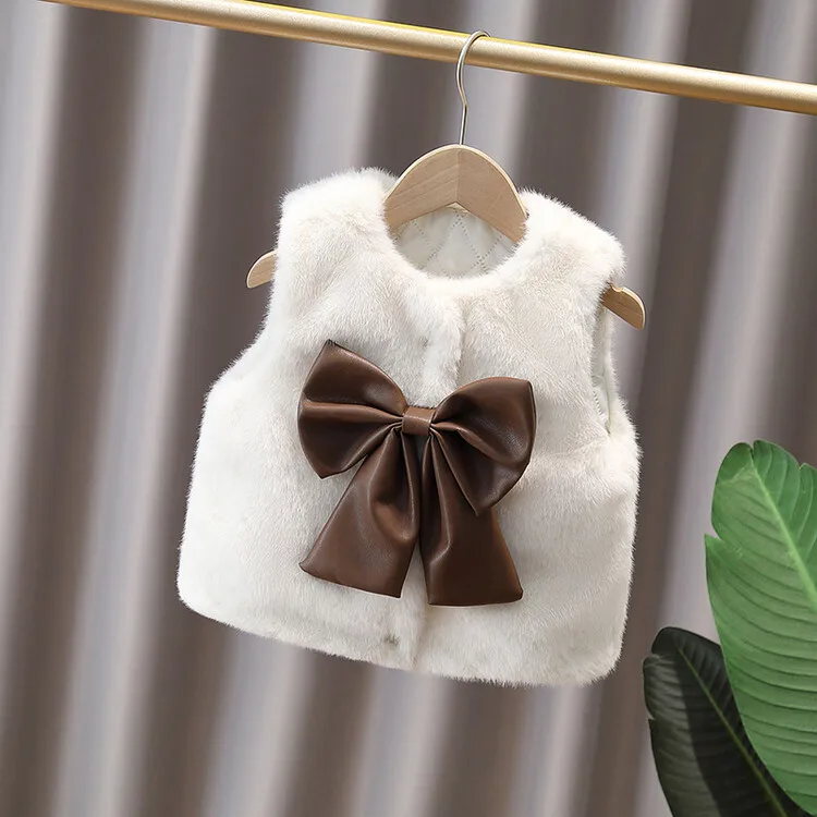 1-10Y Girls Bows Faux Fur Vest Waistcoat Teens Kids Thickened Warm Velvet Cotton Tops Jacket Outwear for Children's Clothing