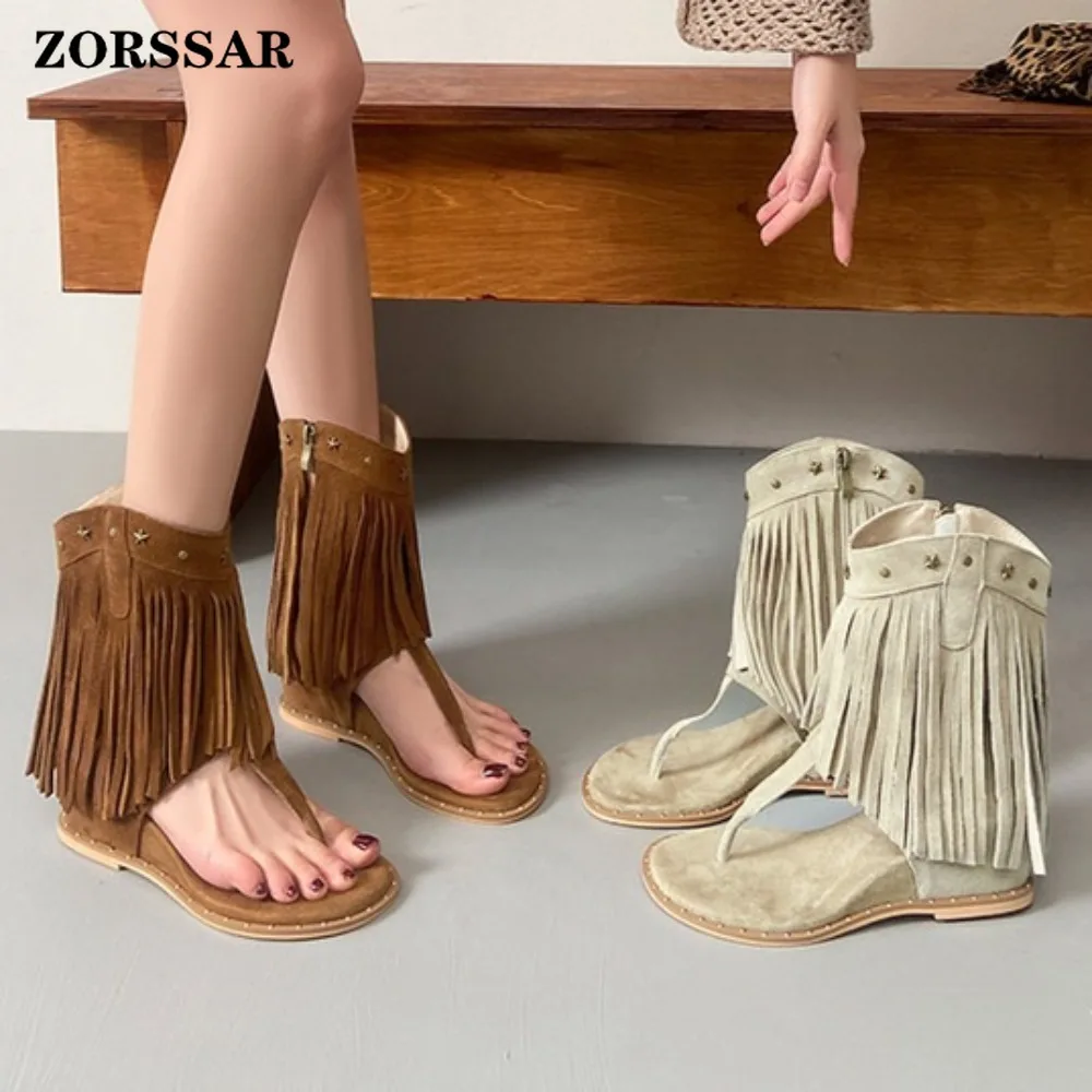 Botas de cuña con flecos y tachuelas para mujer, sandalias de plataforma gladiador a media pantorrilla, calzado casual de verano para damas