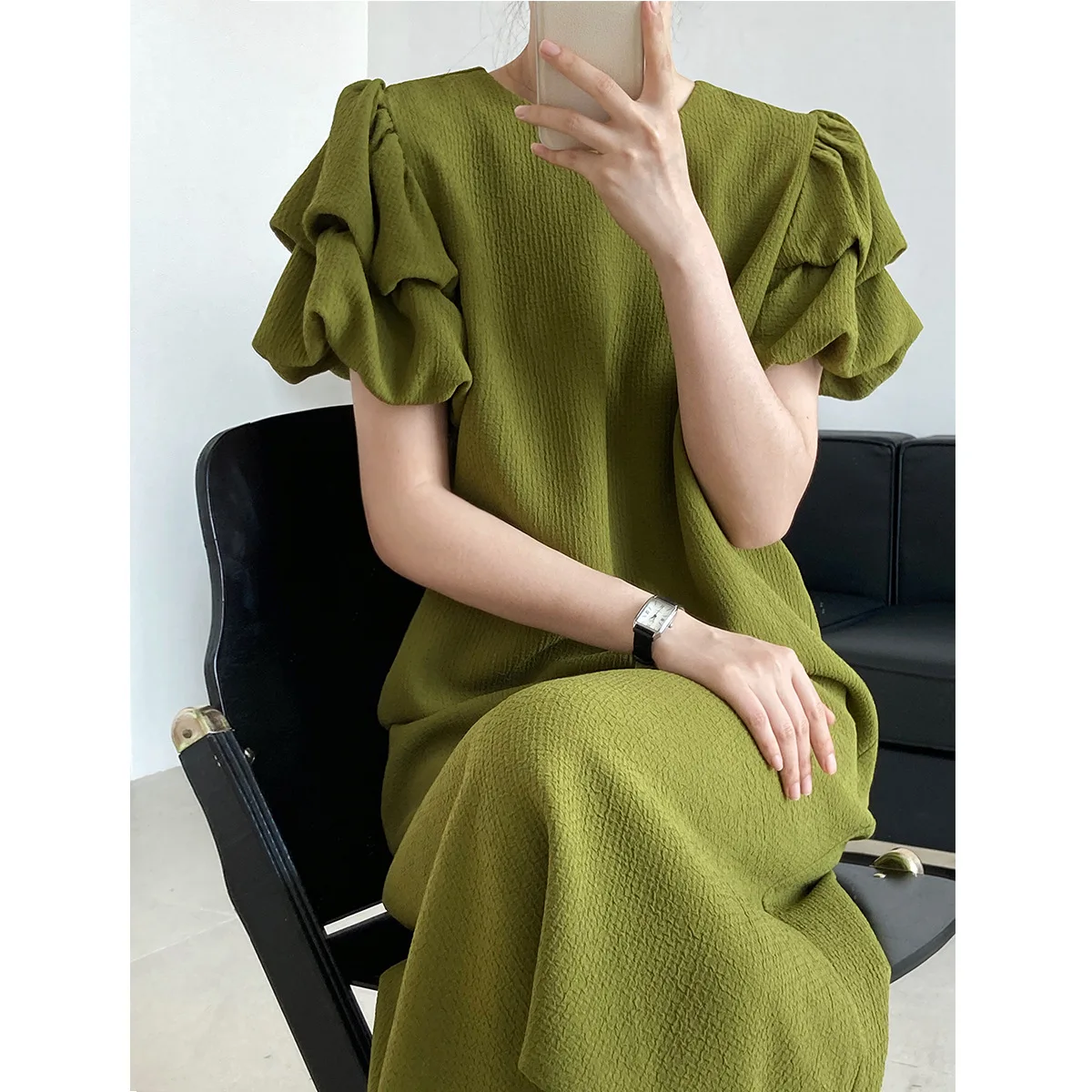 

Women Clothing French Style Puffed Sleeve Green Shift Dress 2024 Summer New Fashionable Mid-length Elegance Loose Dress