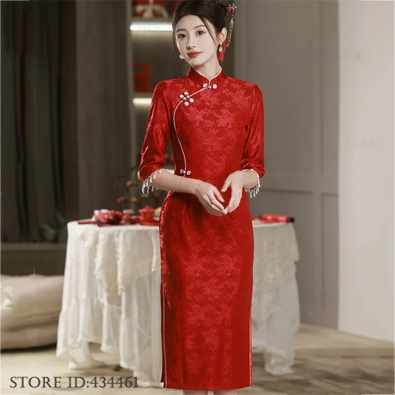 Vestido Qipao tradicional de talla grande 3XL 4XL, vestido de novia chino de encaje burdeos Sexy, Vestidos Cheongsam ajustados clásicos