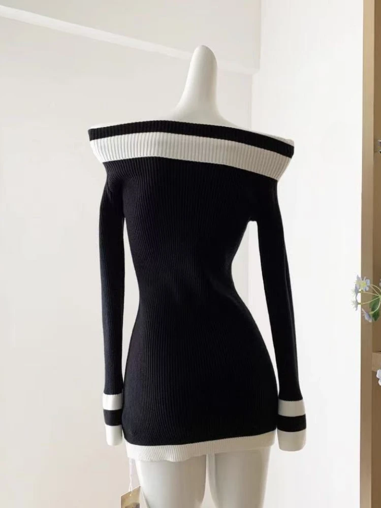 Francuskie sukienki dzianinowe z odkrytymi ramionami, seksowne, damskie, jesienno-zimowe, eleganckie, dopasowane mini sukienki, vintage, z długim rękawem, na imprezę, codzienne, wyszczuplające.