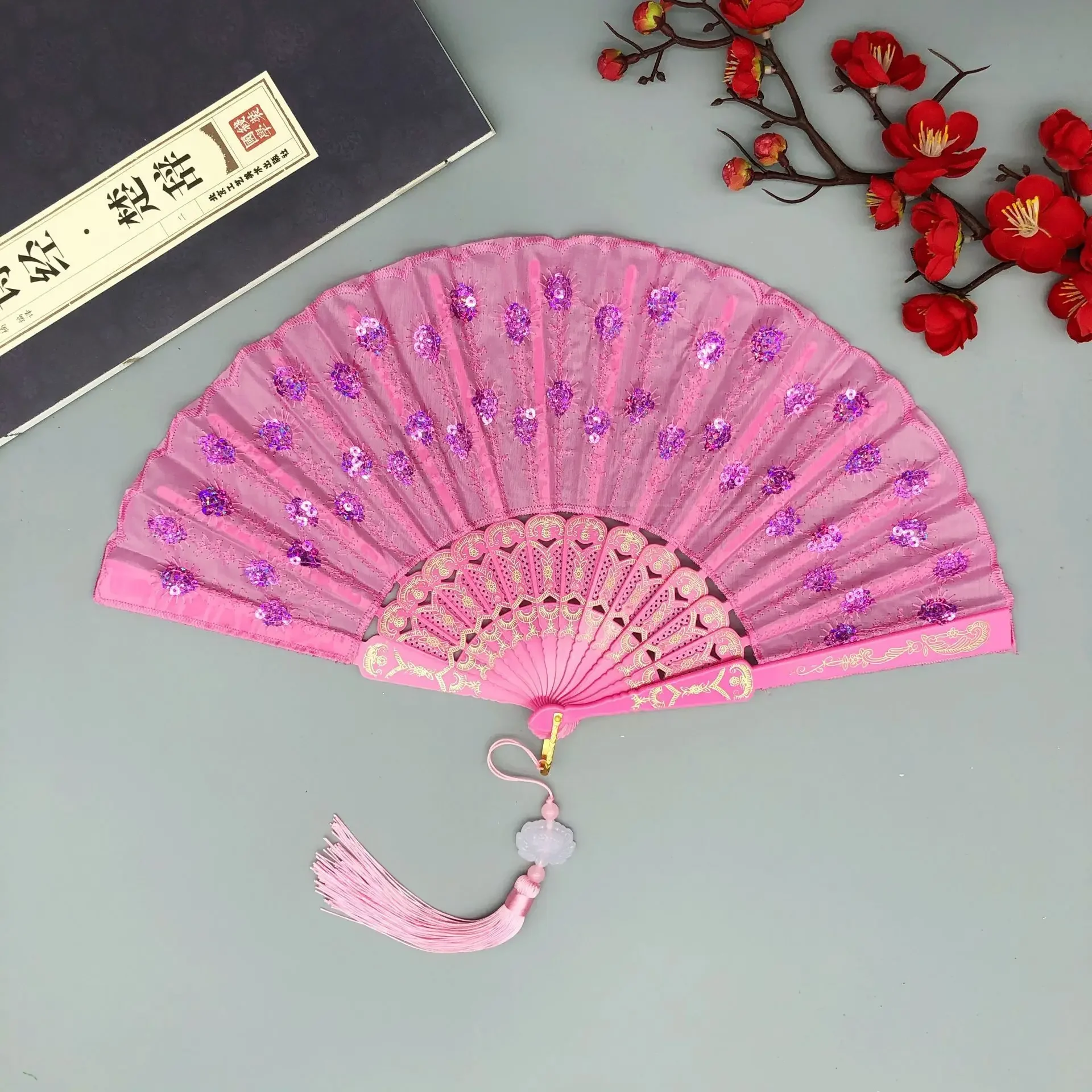 Embroidery Sequin Folding Fan Chinese Style Lolita Dance Hand Fan with Pendant Gift Costume Accessories Wedding Party Decoration