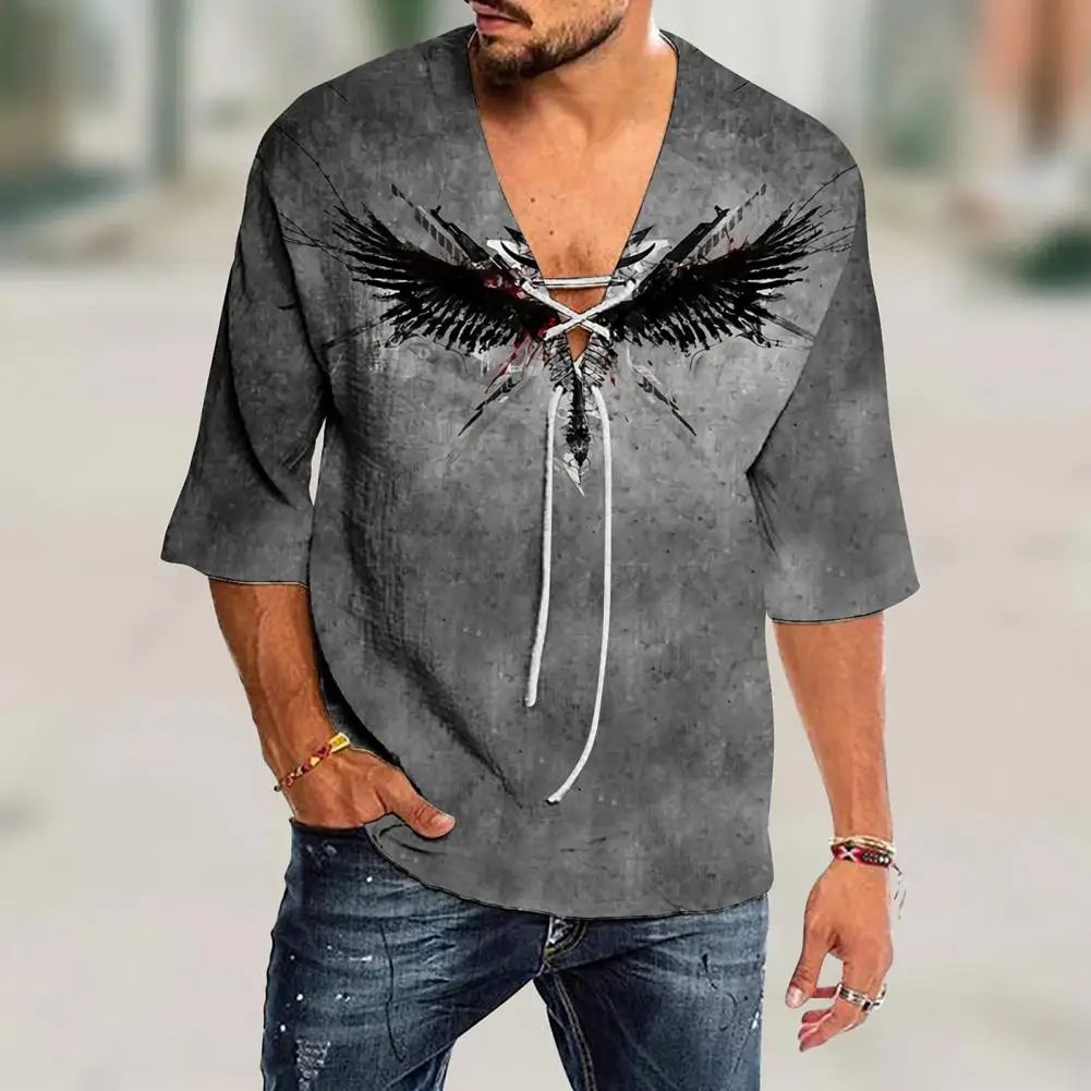 

Casual Mens Loose Half Sleeve Lace-up V-Neck T-shirts Harajuku Pattern Printed Tops Pullover Fashion Clothing Men New Streetwear