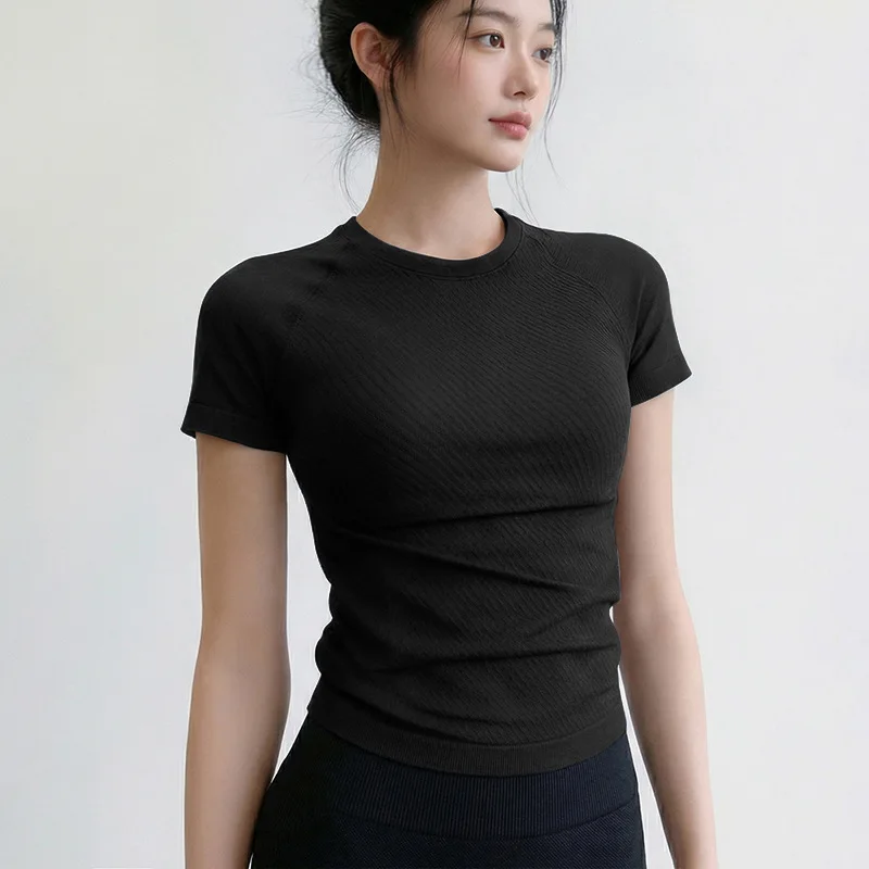 Women's Summer Short Sleeve Yoga T Shirt Round Neck Slim Quick Dry Breathable Workout Top for Running Gym Fitness Training