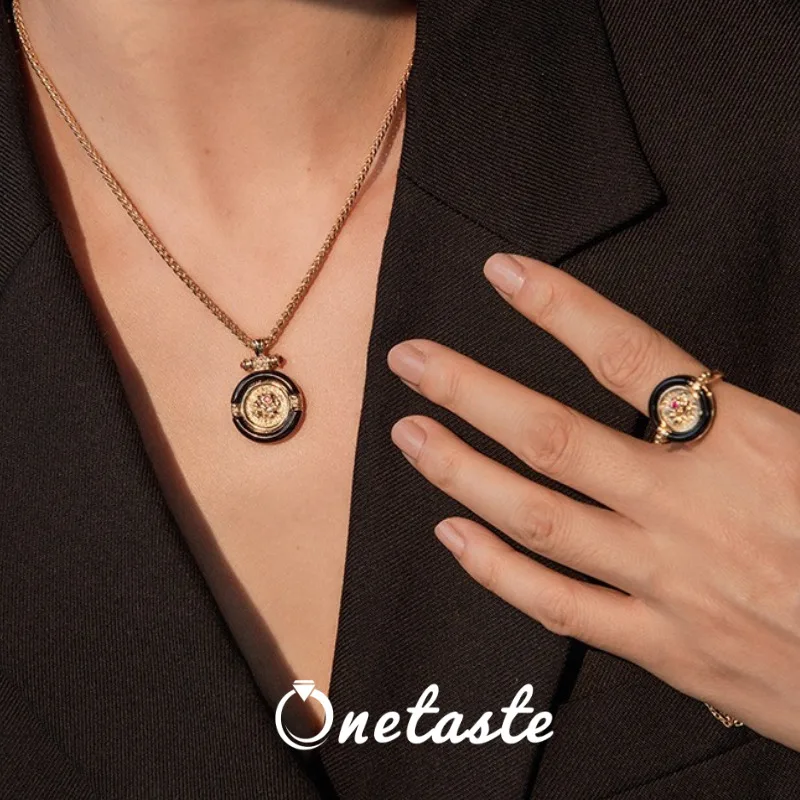

925 Silver 18K Gold Vermeil Black Agate Onyx Round Rose Jewelry Sets Necklace Ring Earrings Brooches For Women Luxury Love Gift