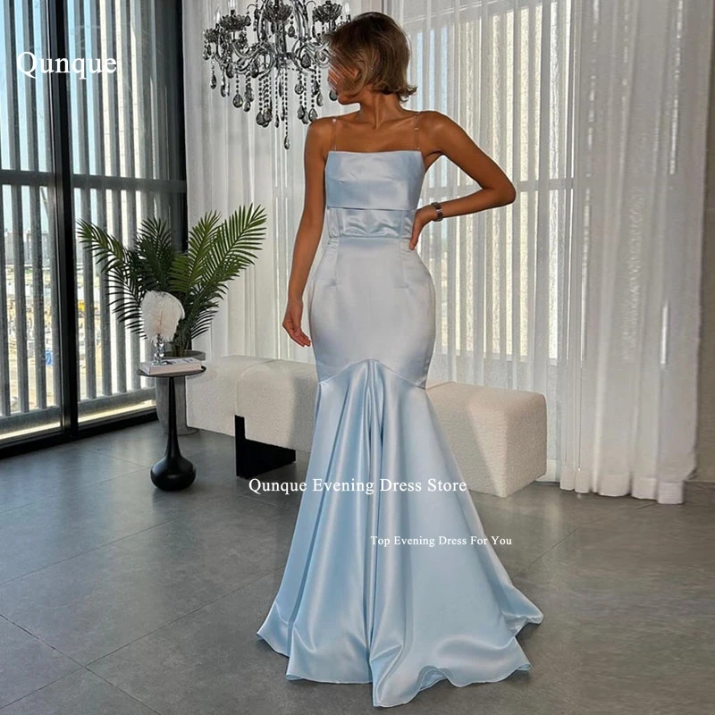 

Qunque Sky Blue Mermaid Prom Dress Women Detachable Pearls Sleeves Straps Formal Party Gowns Customized Ruched Robes De Soirée