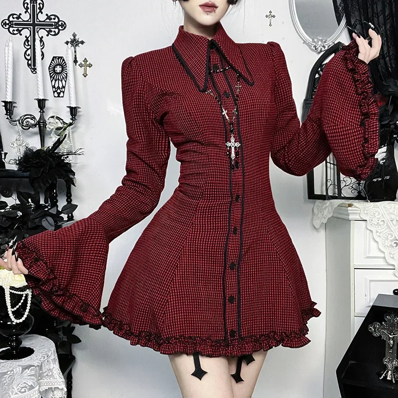 Women Dress Fashion Plaid Hem A-Line Shirt Dress Outfit Gothic Punk Festival Flare Sleeve Pleated Tie Up Dresses for Female 2026