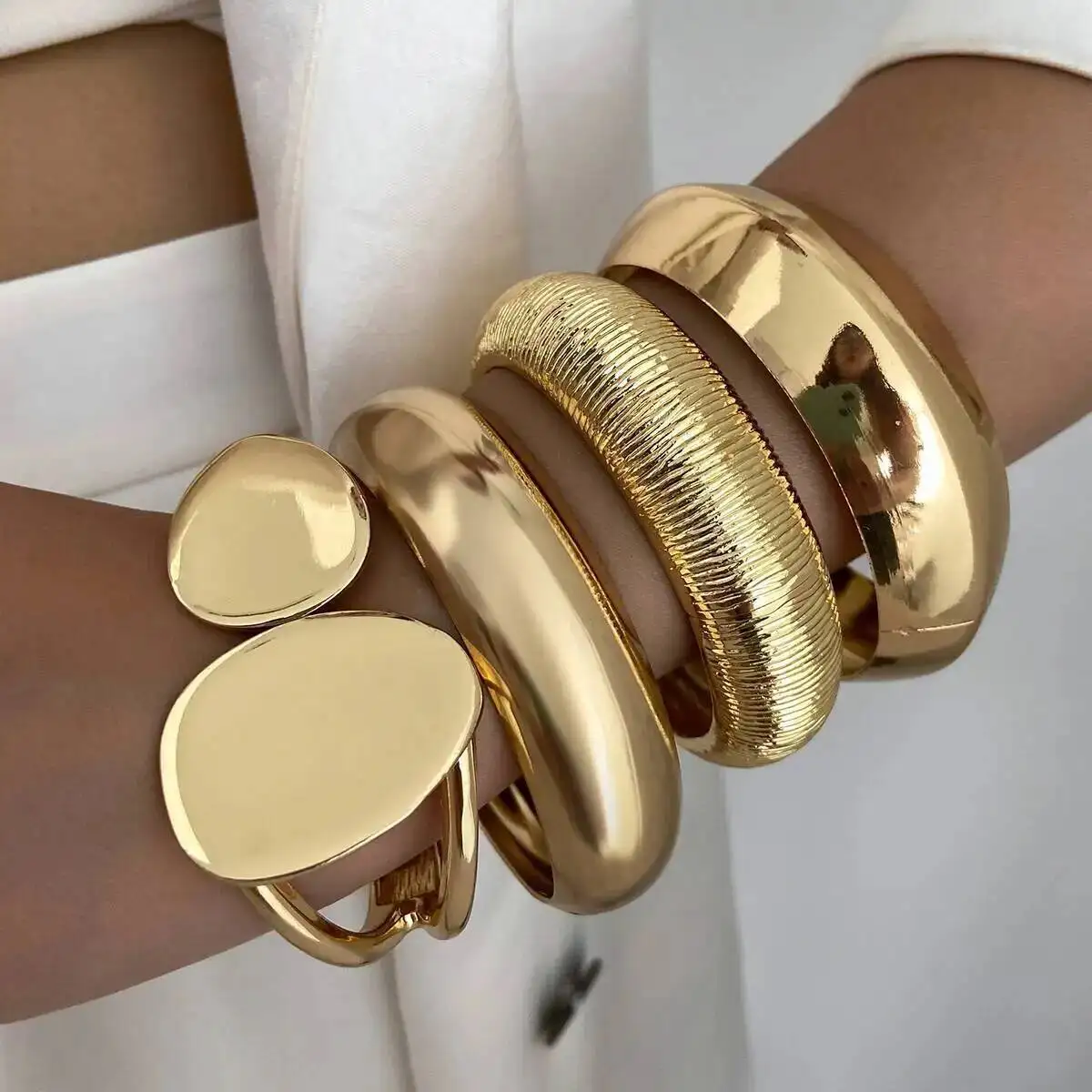 SHIXIN 4 Styles Glossy Irregular Geometry Wide Bracelet for Women Hip Hop Stackable Metal Spring Opening Bangle Party Jewelry