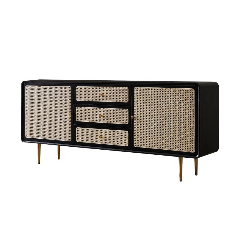 Nordic solid wood three-bucket cabinet, modern simplicity, rattan locker