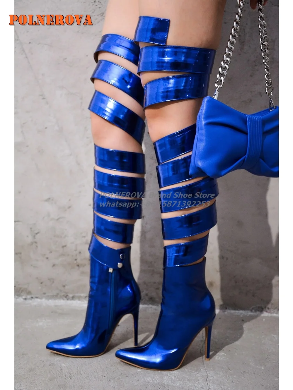 

Blue Wrap-Around Sexy Patchwork Modern Boot Pointed Toe Stiletto Removable Solid Big Size Over The Knee Boot 2024 New Arrival