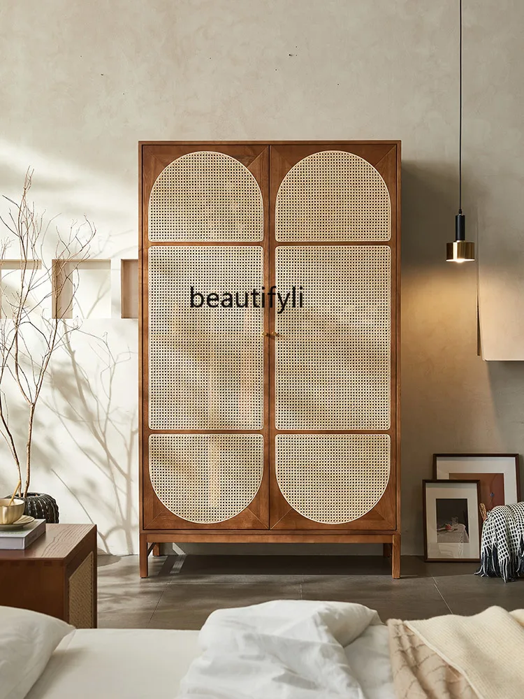 Nordic Solid Wood Rattan Storage Wardrobe Vintage Double Door Cabinet Homestay Hotel Rattan Furniture