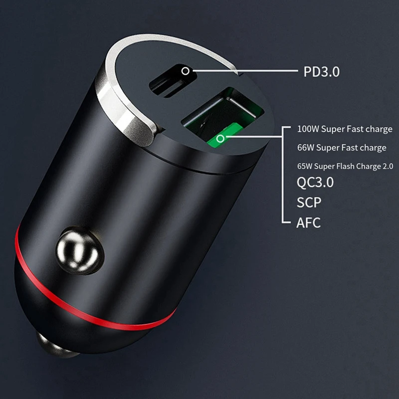 Portas duplas Mini USB Car Charger, carregamento super rápido, adaptador de carga do telefone, soquete mais leve, fácil de usar, 12-24V, 100W