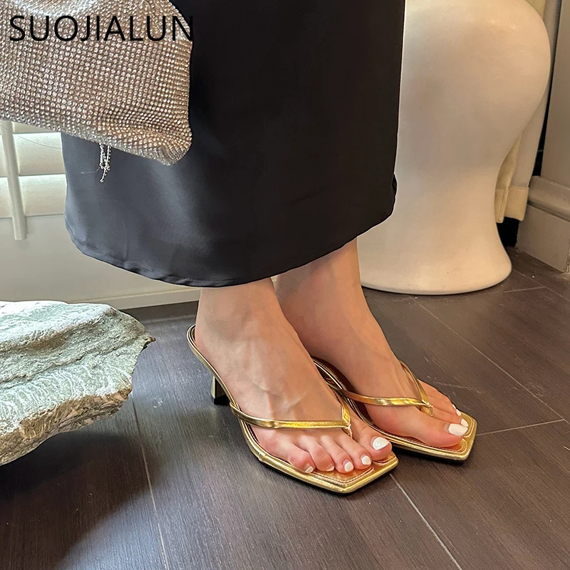 SUOJIALUN 2023 Summer Thin High Heel Women Slipper Fashion Narrow Band Slip On Ladies Flip Flop Outdoor Dress Sandal Slides Shoe