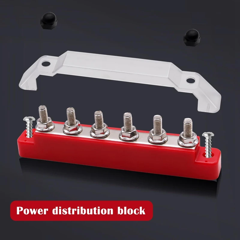 Battery Bus Bar 6 X 1/4Inch (M6) Terminal Studs 12V Power Distribution Block With Cover And Ring Terminals, Max 300V AC Durable