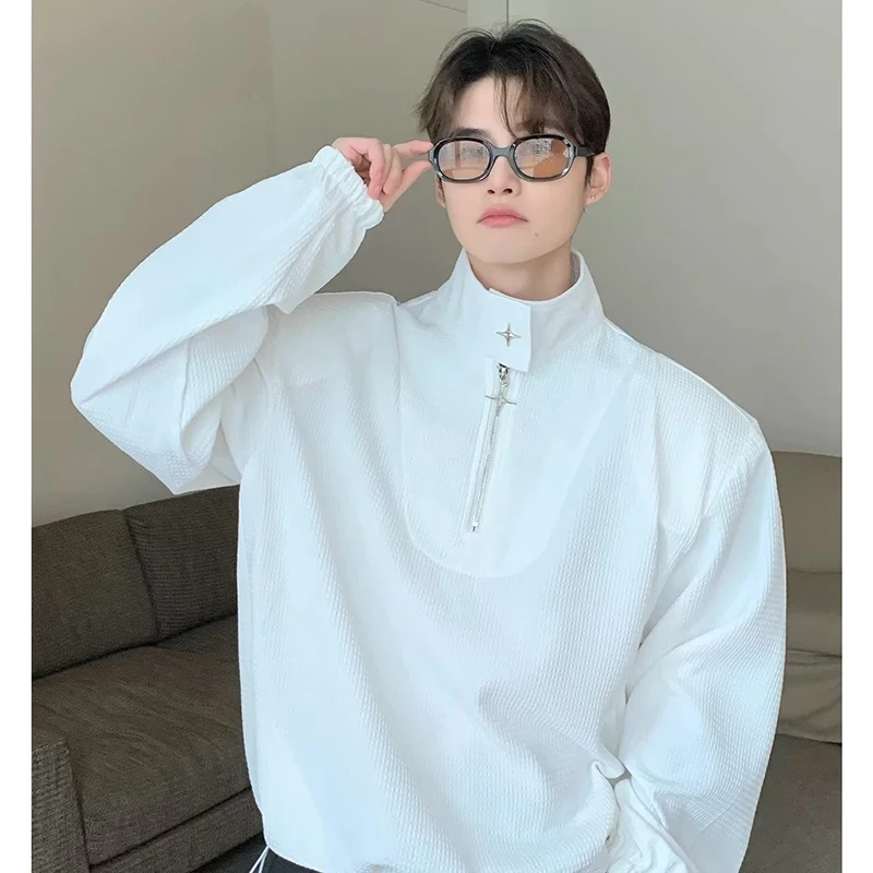 

Turtleneck Zipper Polo Long Sleeve Men T Shirt Teenager Cool Hiphop Fashion Streetwear Personality Oversized Pullover Waffle Top