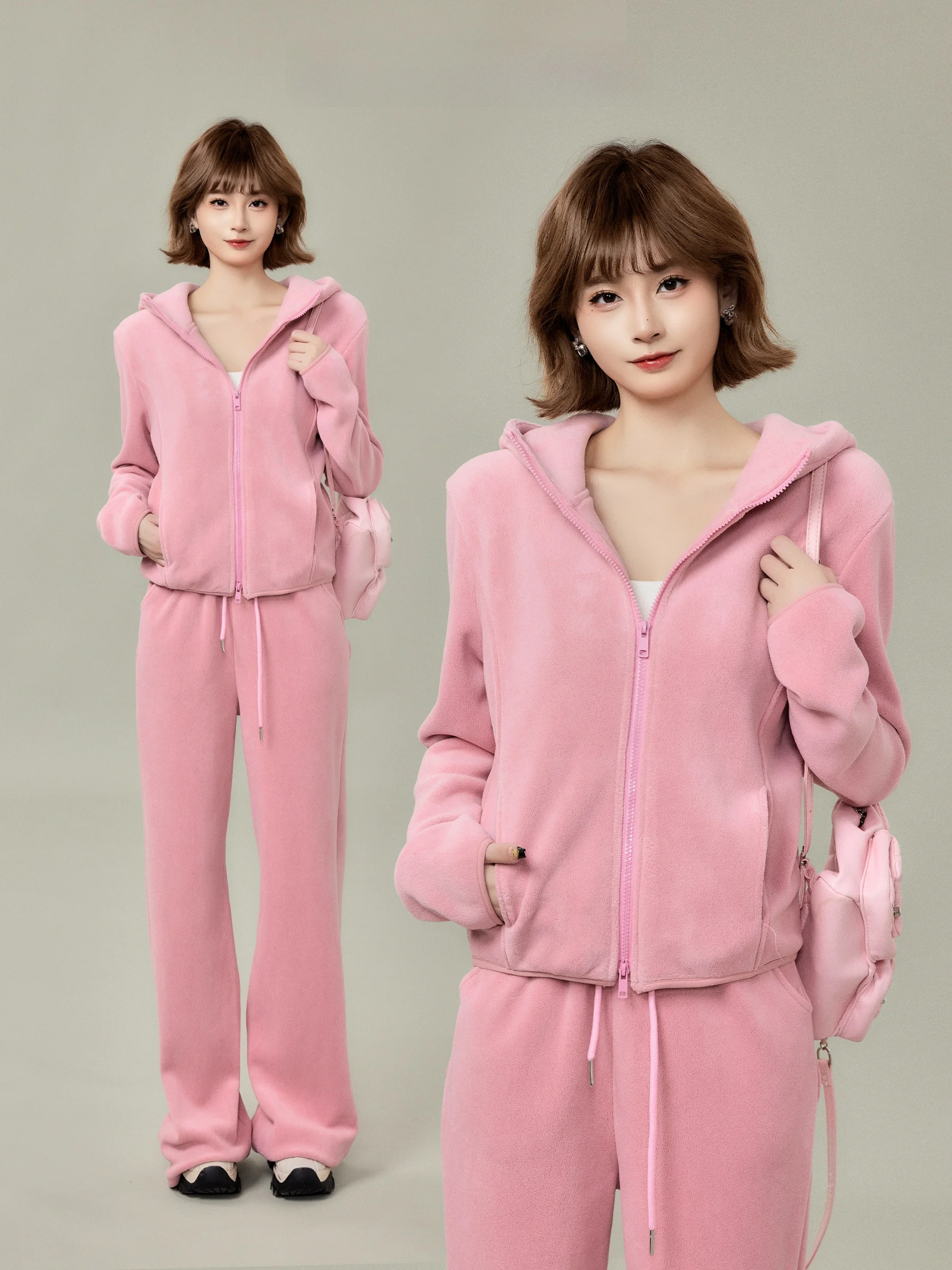 

Корейский комплект из двух предметов: куртка с капюшоном на флисовой подкладке и прямые брюки для женщин, зимний спортивный повседневный наряд