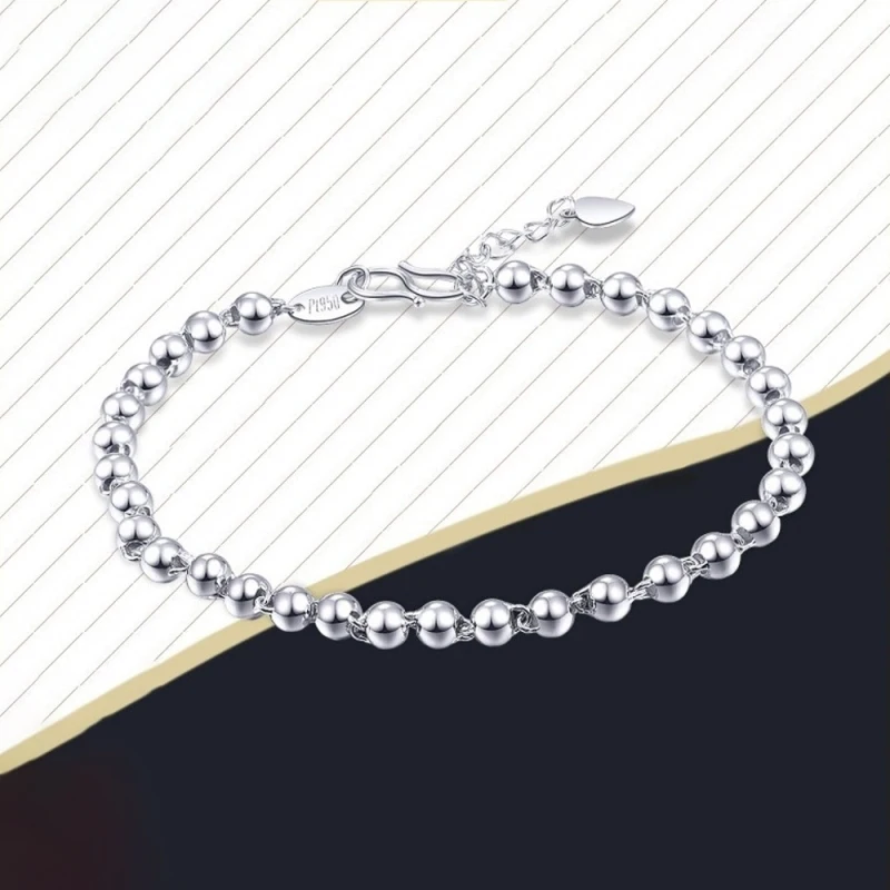 Real Pure Platinum 950 Chain Women Gift 3mm Smooth Glossy Beads Link Bracelet 4.5g