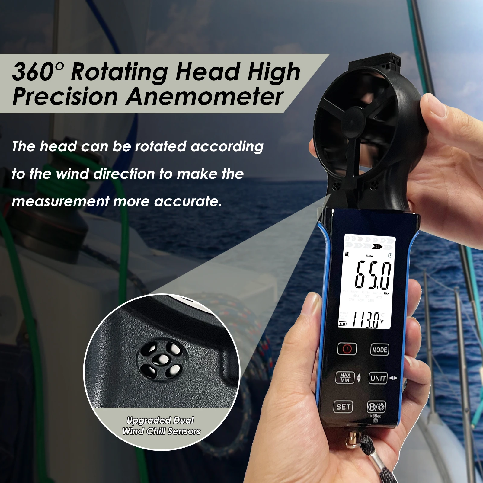 HP-5000D Handheld Wind Speed Meter, Waterproof Anemometer with Touch Buttons, CFM and Air Velocity Measuring Device for Accurate