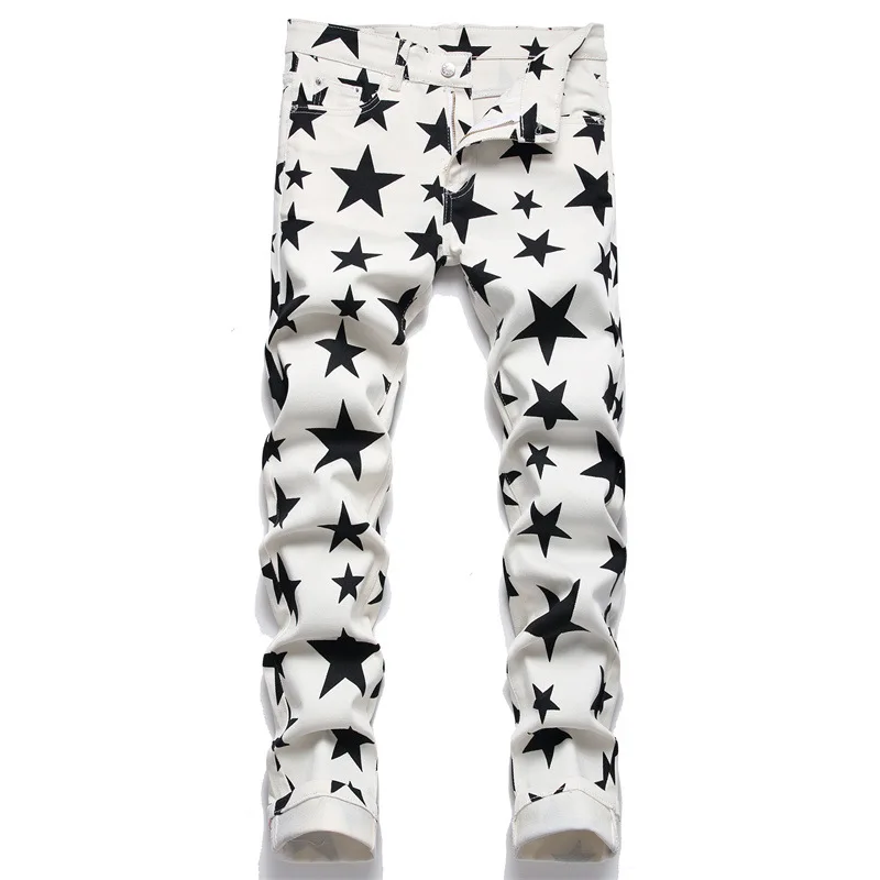 New European 5-pointed Star Digital Printed Jeans Men's Slim Body Flower Trousers Fashion Stretch Pencil Pants Casual Cllothing