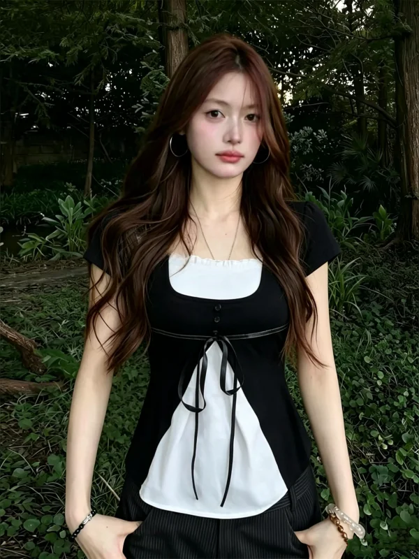 plus Size Hollow out Belted Fake Two-Piece Short Sleeve T-Shirt Summer New Style Slimming Commute Friendly Hip-Increasing Gen...
