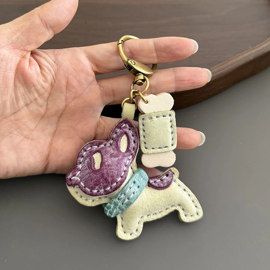 Cow Leather Car Keychain Multi-layer French Bulldog Dog Keychain Jewelry Accessory For Bag Charm Clothes Matching Pendant