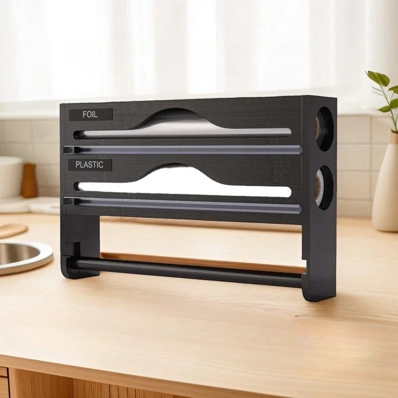 Bamboo Wrap Dispenser with Cutter, Aluminum Foil Organization Dispenser Holder for Kitchen Wall with Paper Rack 2-in-1 Shelf