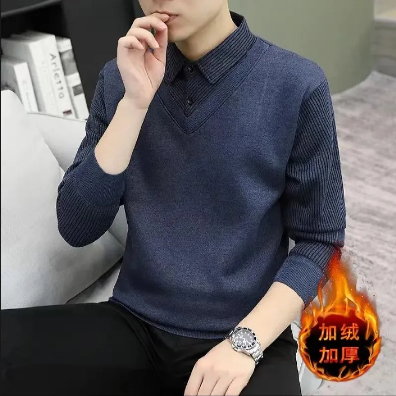 

Men's Autumn Winter Knitted Sweater One-Piece Velvet Long Sleeve Business Woolen Pullover Fake Two-Piece Shirt