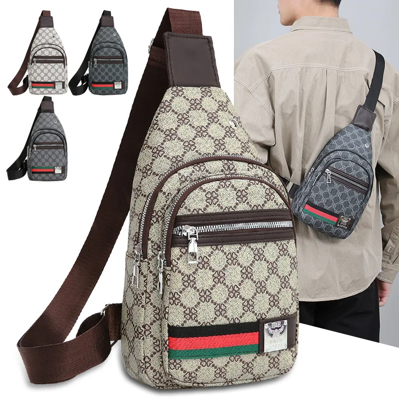 New Personalized Printed Men's Chest Bag, Trendy Casual Shoulder Bag, Waterproof PU Texture Commuting Crossbody Bag