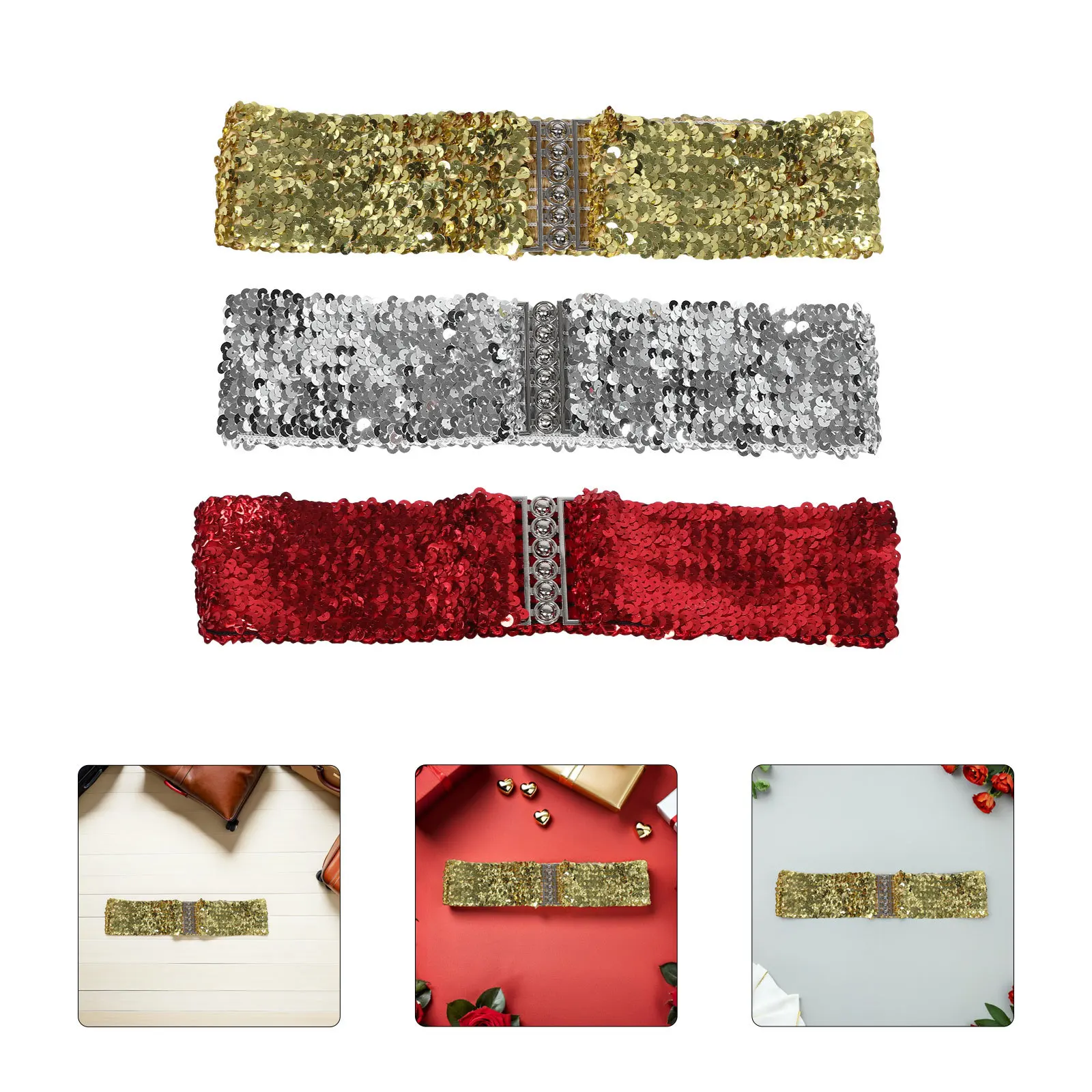 

3pcs Flashy Waist Pouch Belt Wide Elastic Sequin Band Stretch Metal Buckle 70S 80S Disco Party Costume Women Sparkly Waistband