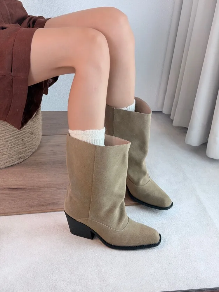 BANFANG 6.5CM Matte Pleated Slouchy Mid Calf Boots Women Soft Genuine Leather Chunky Heel Western Cowboy Shoes Fashion