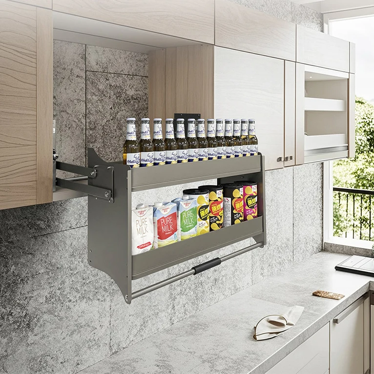 600mm Modern Kitchen Cabinets Pull Down Electric Lift Storage Rack Double Tier Type Automatic Lifting Basket