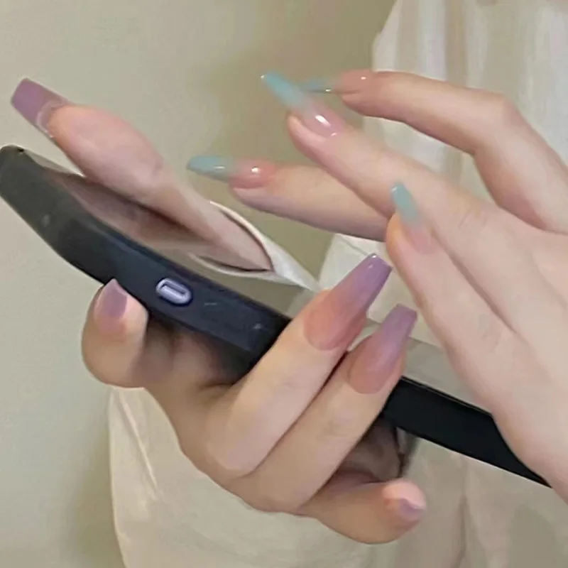 

24pcs Simple Long Press on Nails Green Purple Gradient Nail Tips Acrylic Nails Press Ons with Glue False Nails Girls Removable