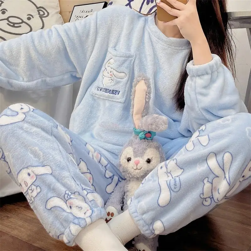 Sanrio Anime Cinnamoroll Kawaii Pajamas Girl Round Neck Loungewear Set Good Looks Flannel Coral Fleece Thicken Long Sleeves Gift