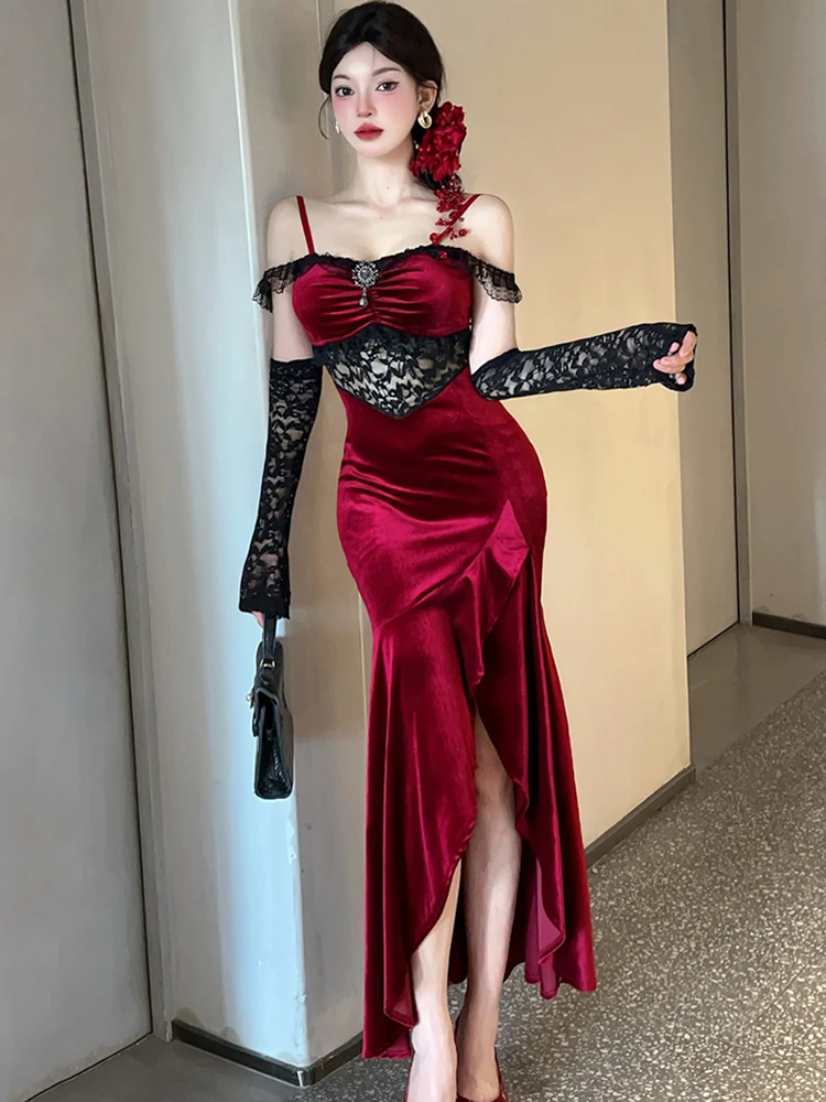 Feminino vermelho veludo retalhos renda preta oco para fora vestido sexy outono inverno elegante vestido de luxo 2025 coreano vintage bodycon vestido