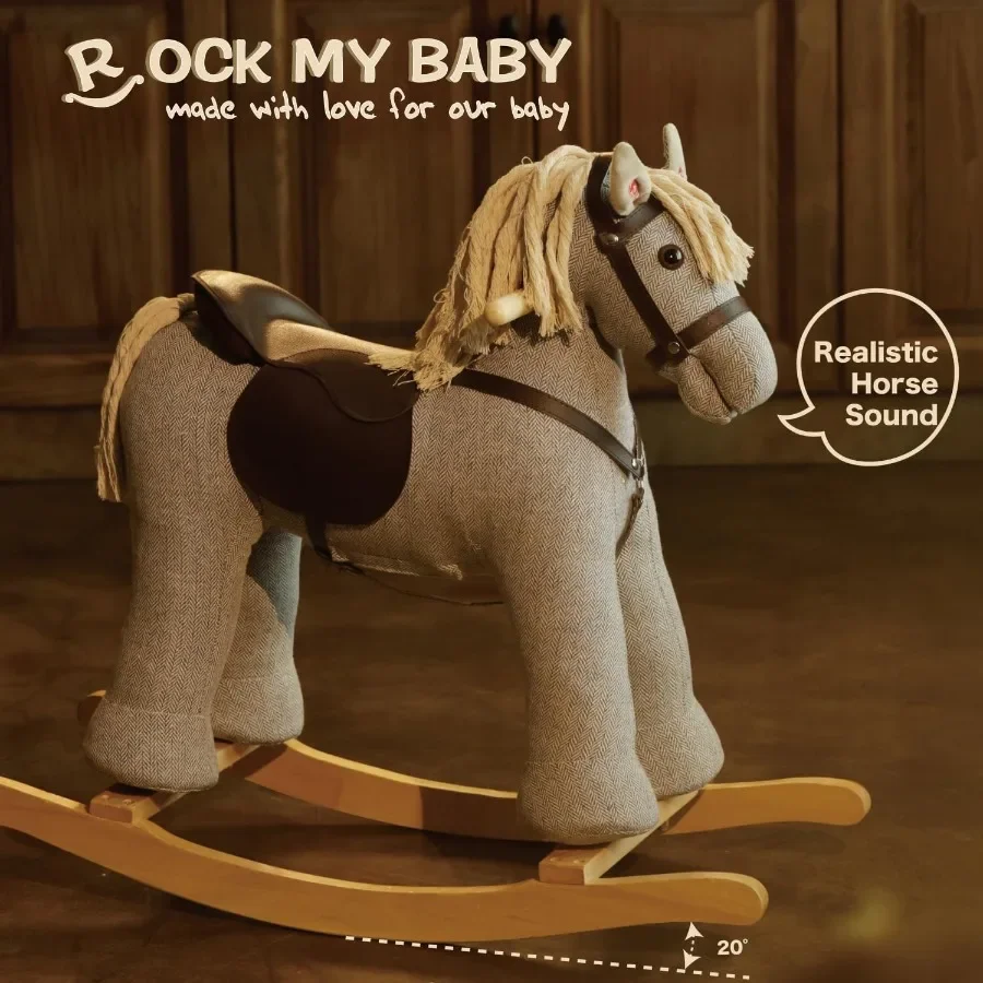 Koń na biegunach szary drewniany zabawka na biegunach zwierzęta na biegunach dla dzieci od 36 lat jeździk kucyk z realistycznym dźwiękiem certyfikat CPC