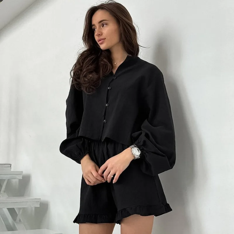 

Весенне-осенний женский домашний комплект: розовый хлопковый кардиган с рукавами-фонариками, топ с длинными рукавами и рюшами, шорты, пижамный комплект