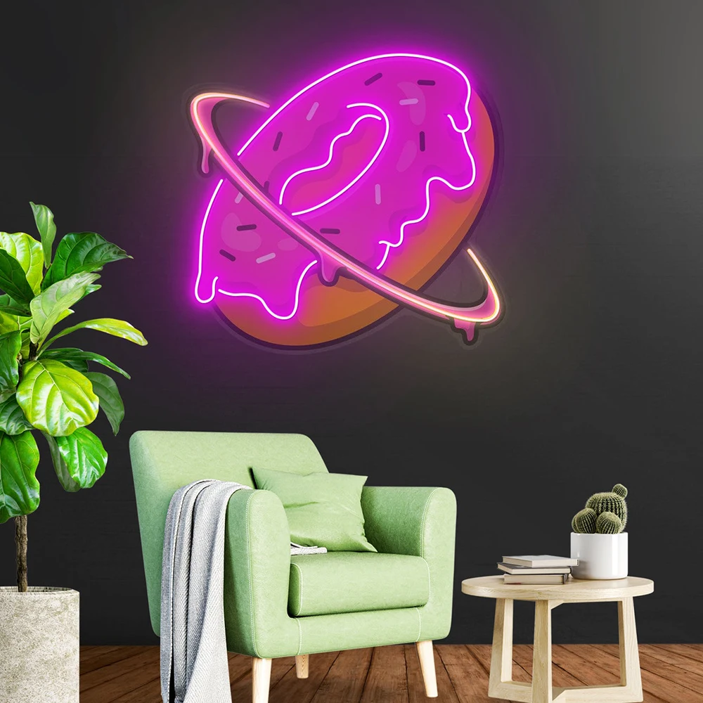 Doughnut Planet Artwork Led Neon Sign Light Custom Sweet Dessert Shop Window Hanging Neon Light Coffee Bar Store Wall Decor Sign