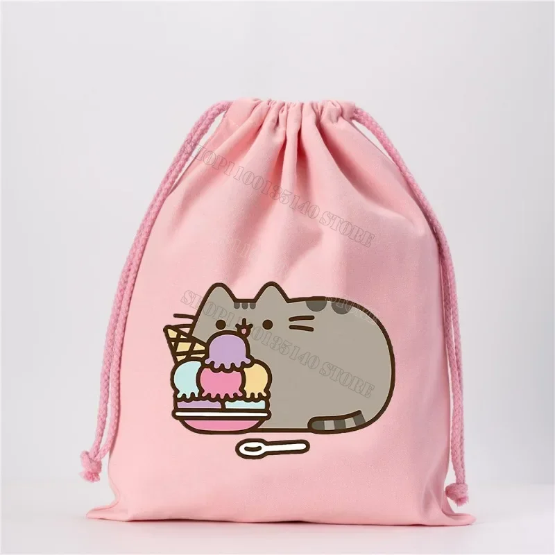 Pusheen Cat Canvas Drawstring Bag Cartoon Printed Cute Drawstring Handbag Anime Travel Outdoor Storage Bag Child Christmas Gifts