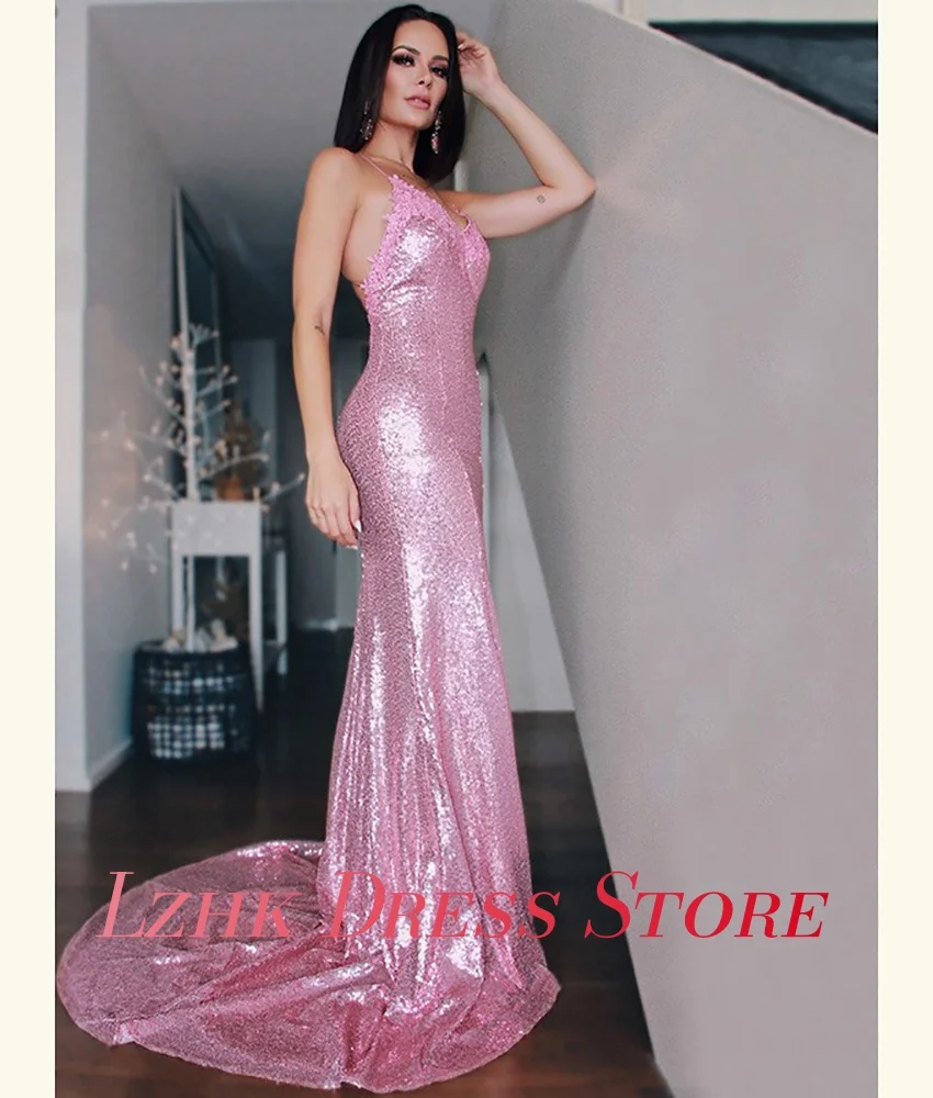 Personalizado de luxo lantejoulas apliques sereia cintas espaguete vestido noite alta qualidade querida sem mangas vestidos festa