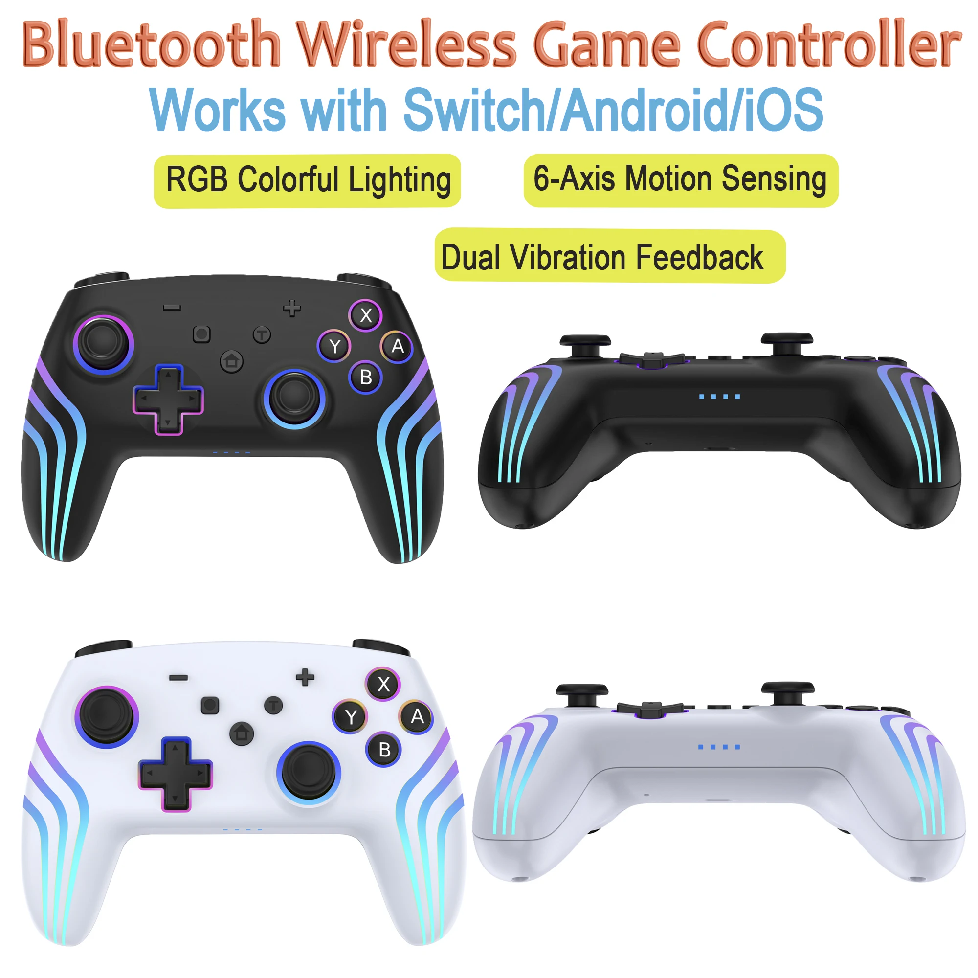 Wireless Bluetooth Game Controller for Switch, 6-Axis Gyro, Dual Vibration & RGB Light, Compatible with Android iOS