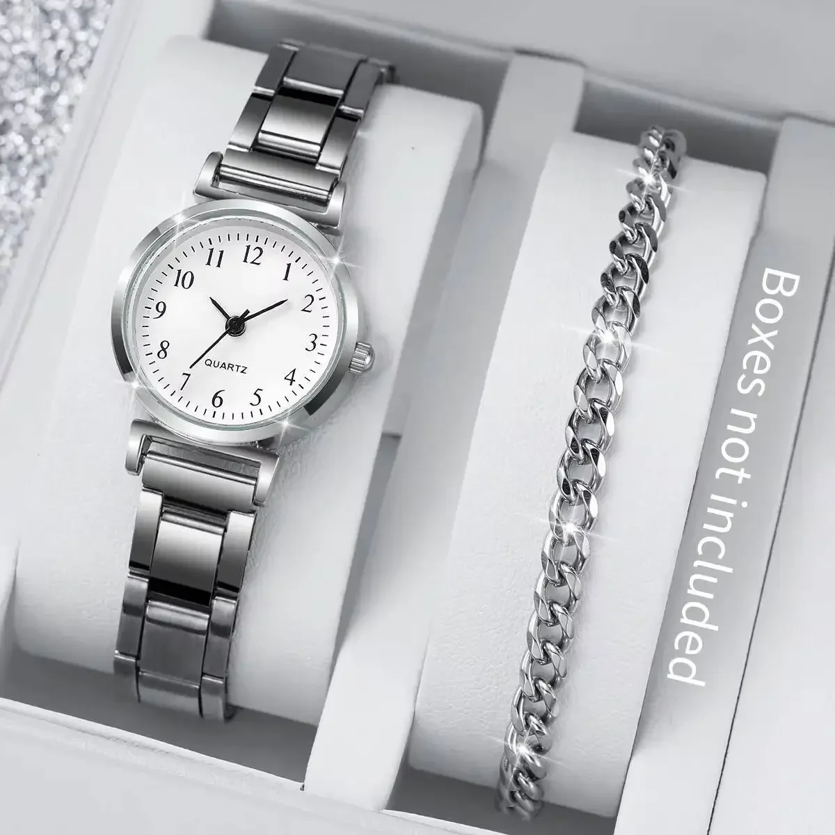 2PCS/Set Fashion Silver Alloy Band Women's Watch Arabic Dial Female Quartz Watches Chain Bracelets Set（Without Box）