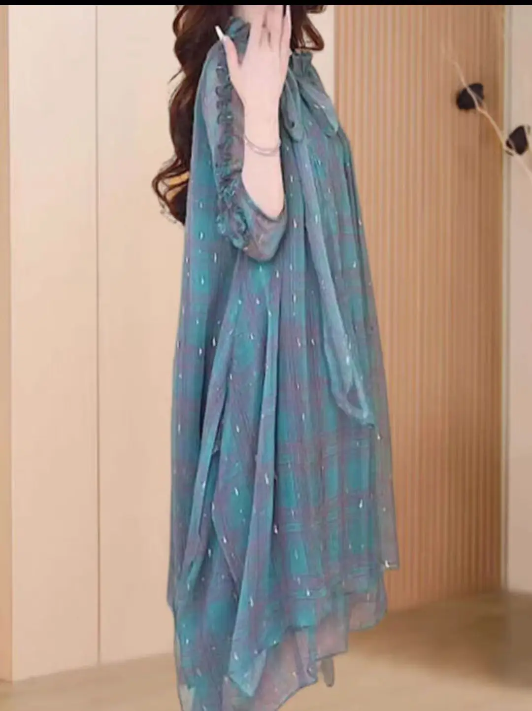 Ombro arco rendas designer chiffon impressão em camadas maxi vestido verão gola solta elegante manga curta midi robe