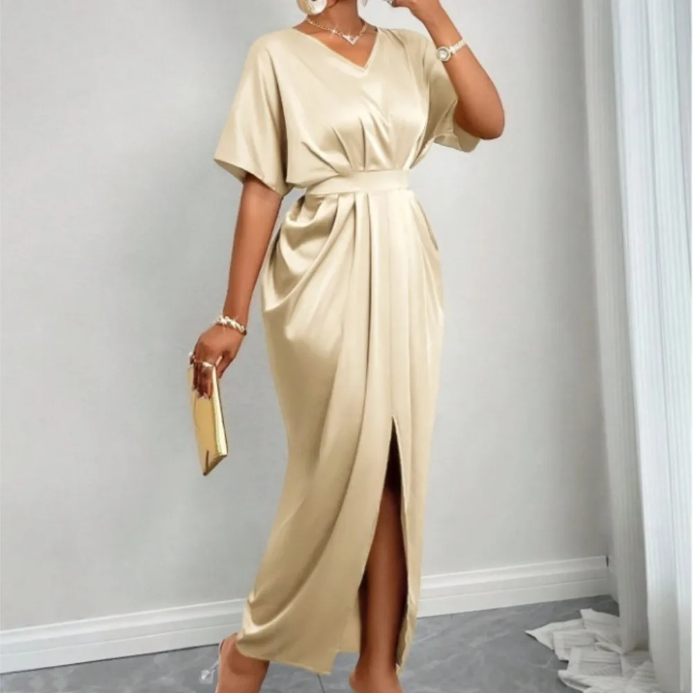 

Satin V-neck Dress Summer Women Solid Color Short-sleeved Waist Hollow Lace-up Hem Slit Long Dress Vestidos De Fiesta Elegantes