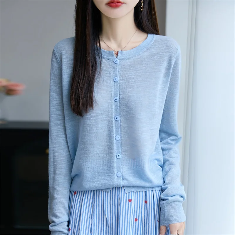 

New Summer Long Sleeved Cardigan O-Neck LighTweight Cardigan Micro transparentt Women's High Grade Light Sexy luxury styleFashio