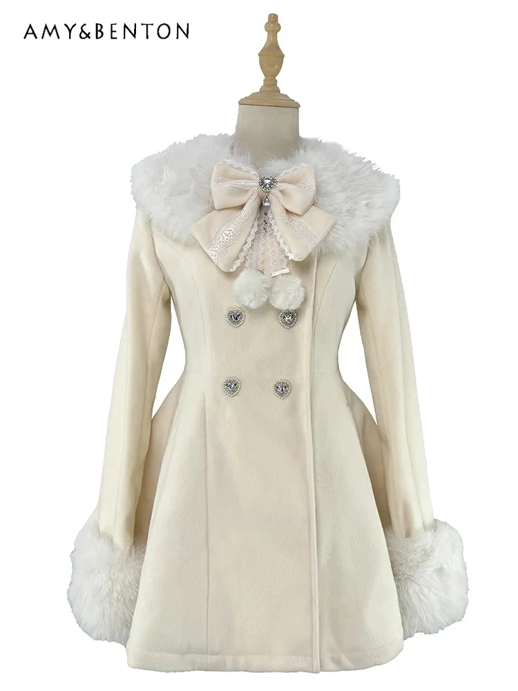 النمط الياباني الحلو القوس معطف الصوف الأسود للنساء الخريف الشتاء جديد انفصال الفراء طوق مزدوجة الصدر ضئيلة سترة صوفية