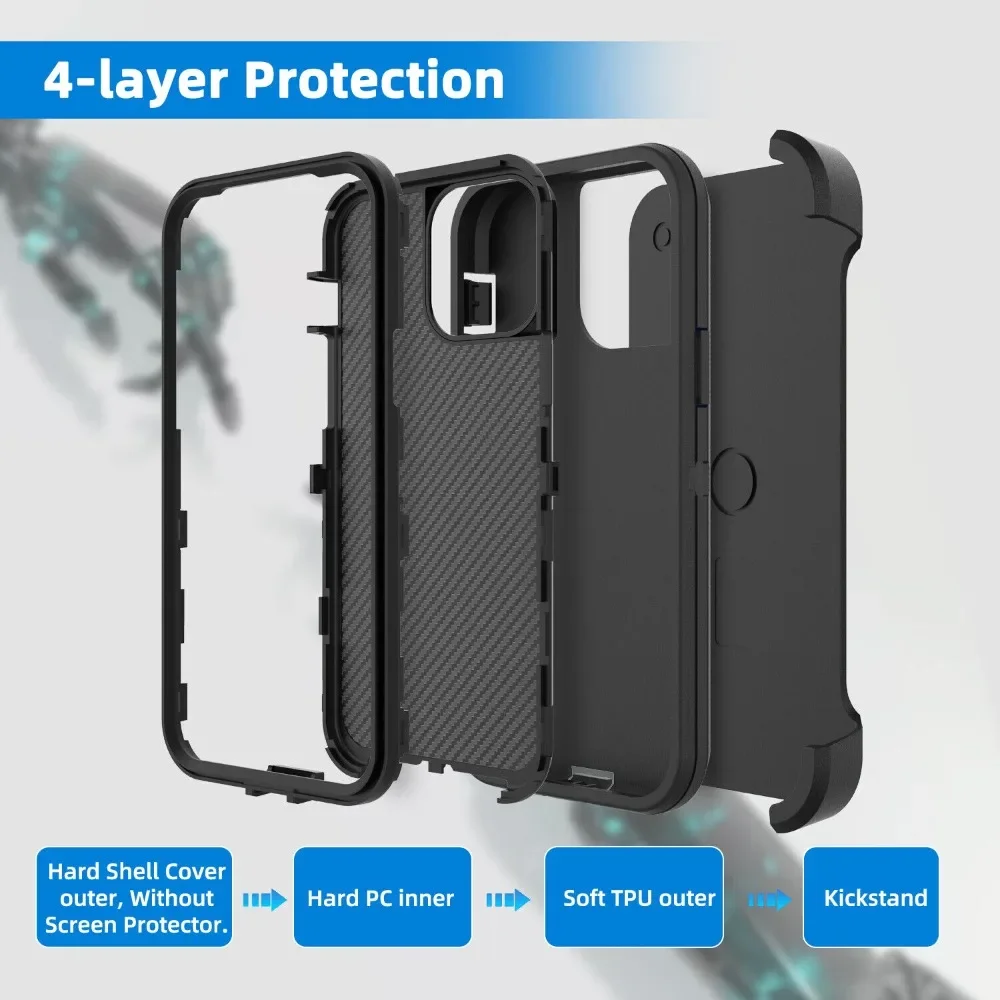 3-in-1 Armor OTT Hülle für iPhone 17 Pro Max, Air 16, 14, 13, 12, 11, 15 Pro Max – Robuste, stoßfeste PC+TPU Hülle mit Gürtelclip – Detail 2