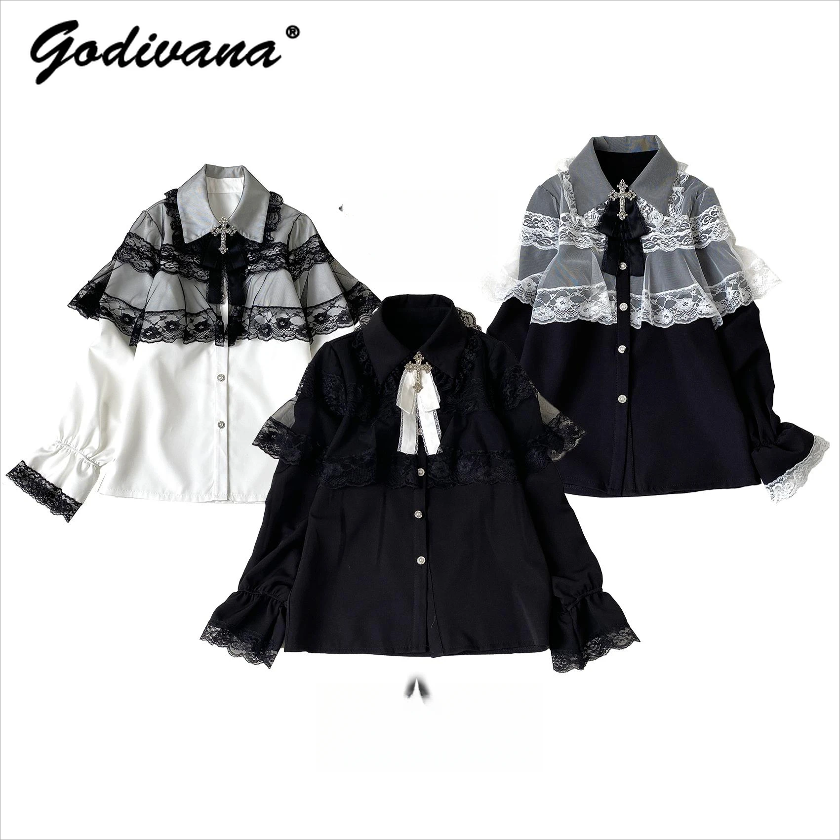 Japanese Mine Series Mass-produced Lace Cloak Long-sleeved Shirt Girl 2025 Spring New Lolita Blouses Female Tops